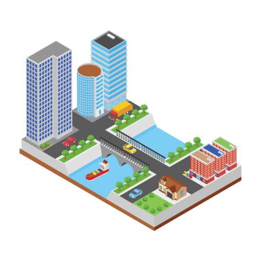 İzometrik vektörde yol kenarı köprü binası 