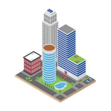 Cityscape bina vektörü isometrik simgede  