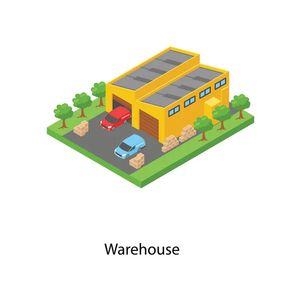 Magazijn Gebouw Isometrische Pictogram Ontwerp — Stockvector