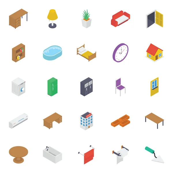 Inicio Interior Iconos Isométricos Pack — Vector de stock