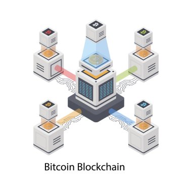 Bitcoin blockchain izometrik illüstrasyon tasarımı