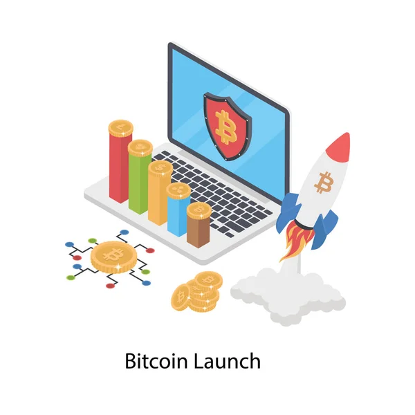 Bitcoin Lanzamiento Ilustración Vector Isométrico — Vector de stock