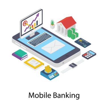 Isometrik mobil bankacılık illüstrasyon vektör tasarımı 