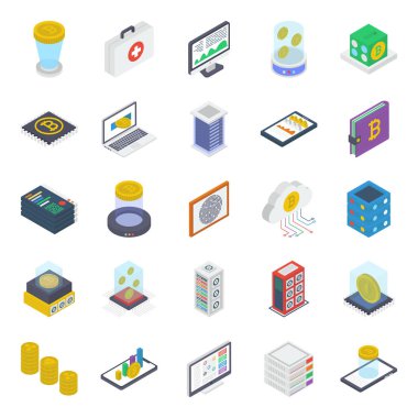 Bitcoin Paketi Isometric Simgeleri 