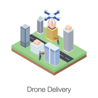 Drone dağıtım vektörünün Isometric illüstrasyon tasarımı.