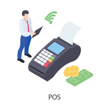 İzometrik dizaynda pos terminal vektörü olarak bilinen fatura makinesi