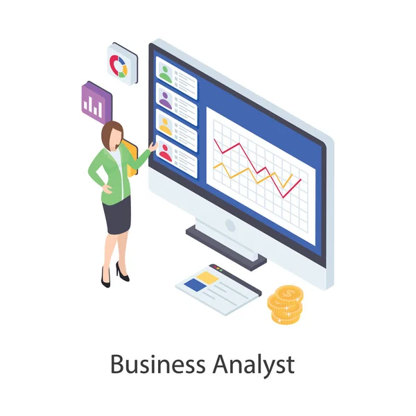 Бізнес Репортаж Збільшувачем Значок Бізнес Аналізу Ізометричному Дизайні — стоковий вектор