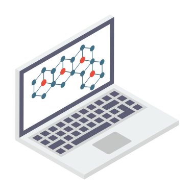 Ekranda molekül zinciri gösterildi, çevrimiçi kimya ikonu izometrik vektörü