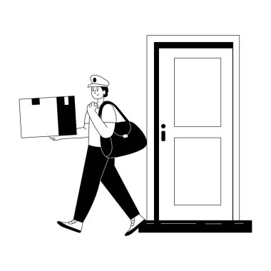 Bir teslimatçı çocuğu gösteren el çizimi tasvirler. 