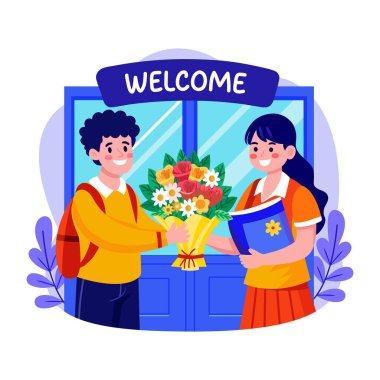 Pencereden el sallayan bir karakteri gösteren düz illüstrasyon 