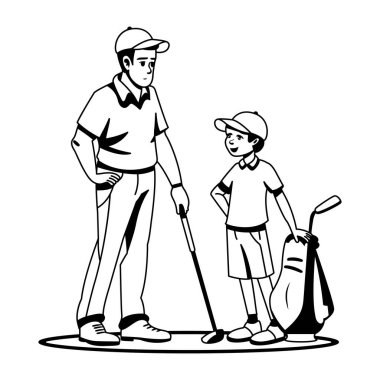 Baba oğluyla golf oynuyor, kabartma çizim tarzı.