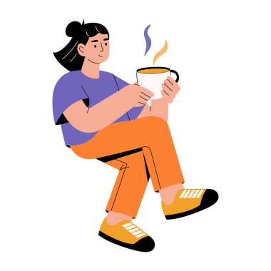Bir insanın kahve içtiğini gösteren düz bir çizim. 