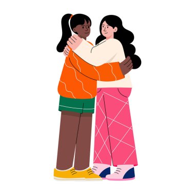 Arkadaşların kucaklaşmasını gösteren düz bir çizim 
