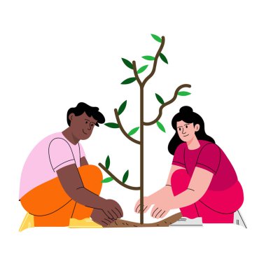 Arkadaşların bahçeyle ilgilendiğini gösteren düz bir resim 