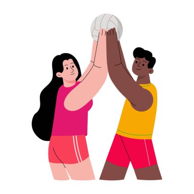 İki arkadaşın voleybol oynadığını gösteren düz bir resim 