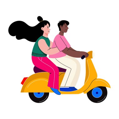 Mobilete binen arkadaşları gösteren düz biçim illüstrasyonu 