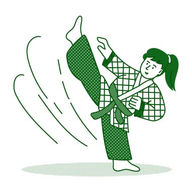 Karate tekmesi atan bir karakteri gösteren el çizimi biçim çizimi