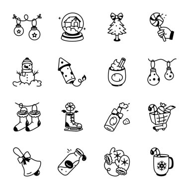 Doodle Tarzı Simgelerinin Noel Festivali seti 