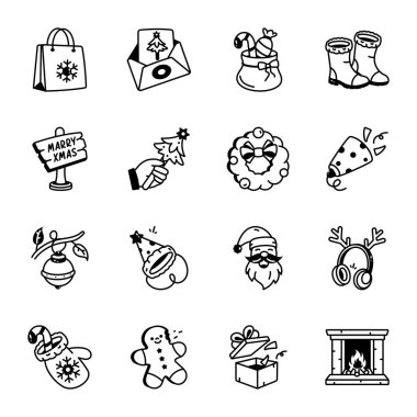 Bir paket Noel Kutlaması Doodle Stili Simgeleri 