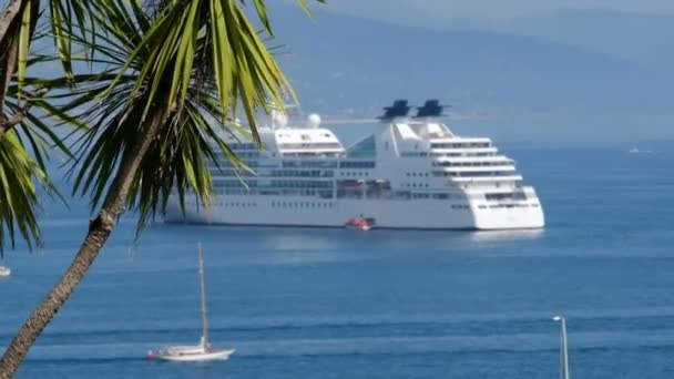 Crucero marítimo palmas fondo vista aérea golfo transatlántico de Portofino o golfo de Tigullio Riviera Italiana Italia — Vídeos de Stock