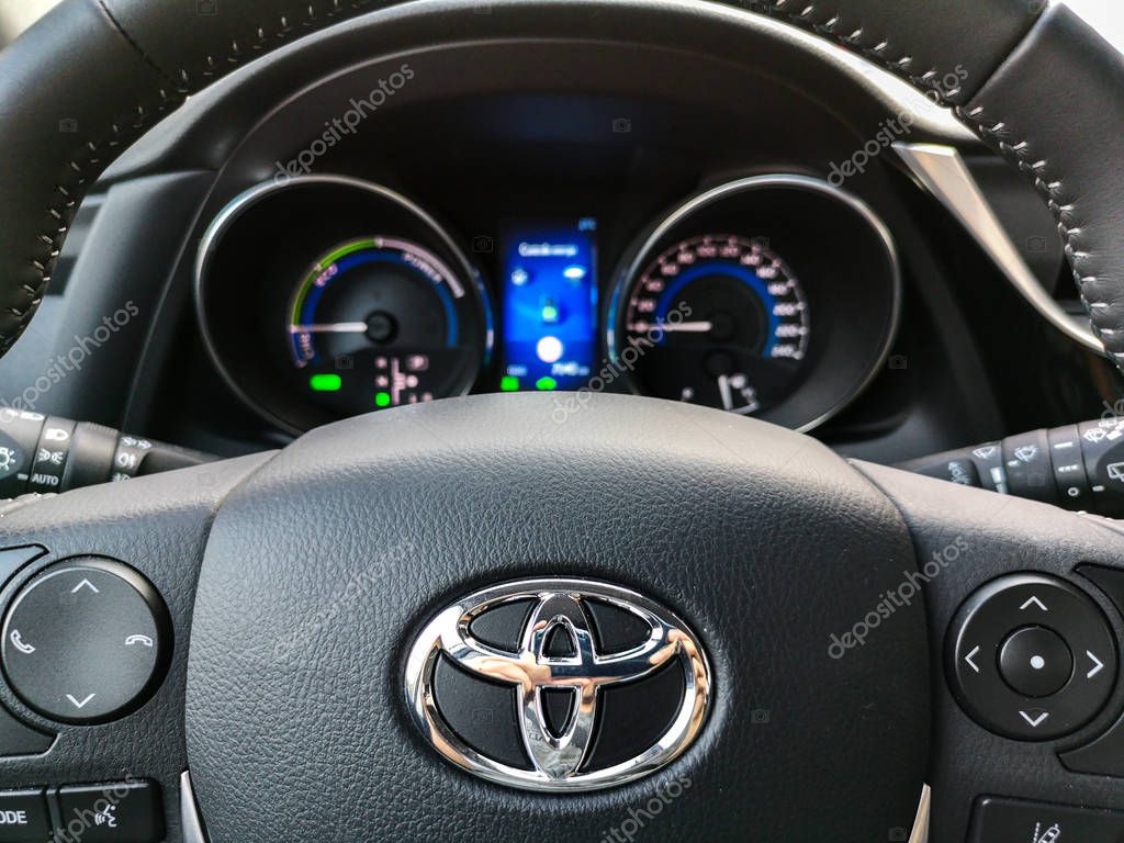 Bologna, italy, 17 Sep 2018 -  a Toyota Auris steering wheel controls and car dashboard