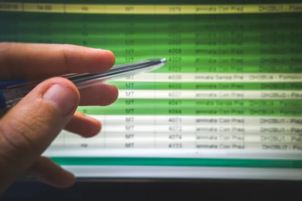 Hand indicate spreadsheet on the screen with pen — Stock Photo, Image