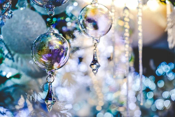 Crystal ball christmas tree decoration blue background elegant closeup — Stock Photo, Image