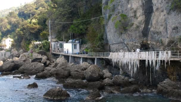 Puente peatonal sobre el mar muelles Punta Chiappa Parque Natural de Portofino Liguria — Vídeos de Stock
