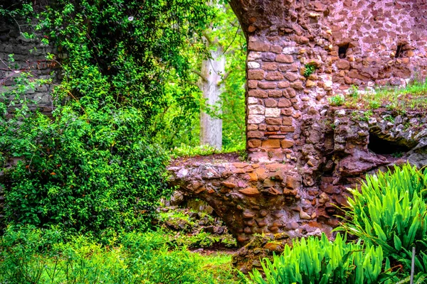 Ventana ladrillo ruinas hiedra planta fondo en Giardino della Ninfa jardines en Latina - Lazio - Italia — Foto de Stock