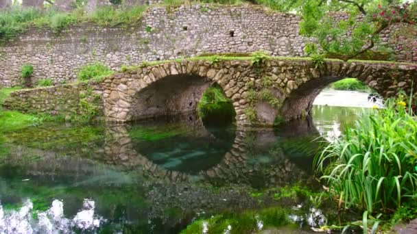 Fantasy Bridge 4K sten välvda reflektion rike medeltida flod kanal trädgård — Stockvideo