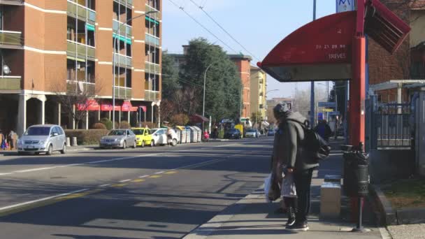 Människor väntar på busshållplats skydd väntar — Stockvideo