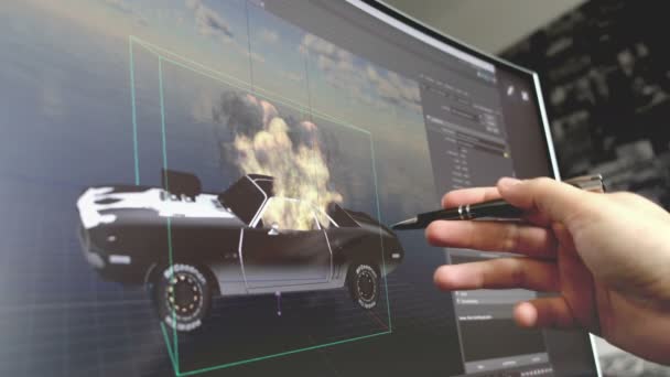 Software de diseño de juegos de mano con pluma explicar cómo diseñar el modelo de coche para el videojuego en la pantalla — Vídeo de stock