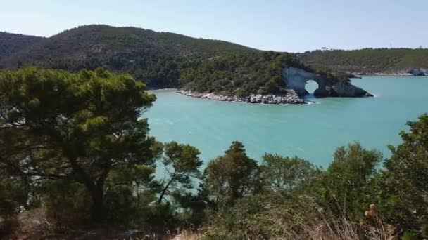 Costa de Puglia en el sur de Italia mar - El arco marino de San Felice cerca de Vieste en Gargano punto de referencia natural — Vídeo de stock