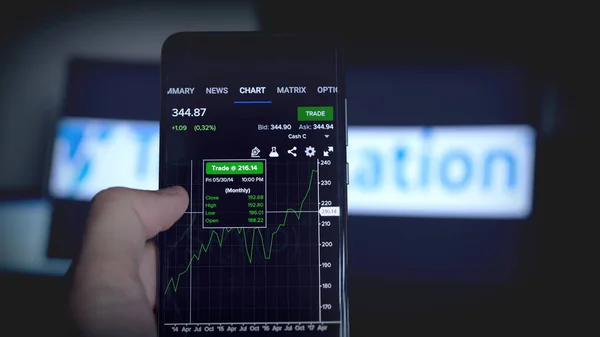 Tradestation plataforma para o profissional comerciante corretor de trabalho no mercado de ações smartphone gráfico fundo — Fotografia de Stock