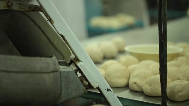 Día Trabajo Fábrica Pan Interior Confitería Mujer Cambia Masa Cruda — Vídeo de stock