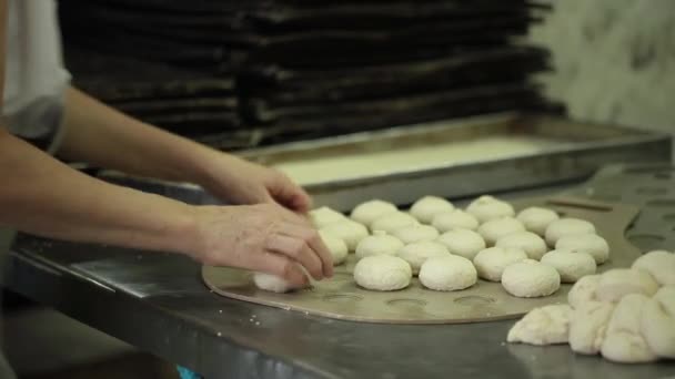 Brötchen Backen Einer Großbäckerei Eine Frau Legt Auf Ein Backblech — Stockvideo