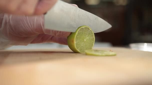 Now Cook Cutting Lemon Interior Kitchen Restaurant — Stock Video