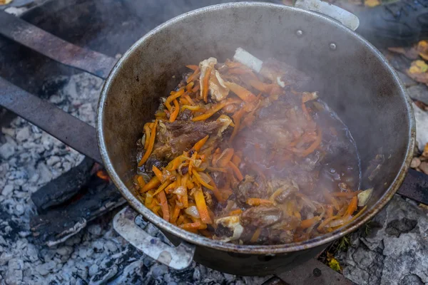 Recipe Cooking Pilaf Open Fire Adding Carrots — Stock Photo, Image