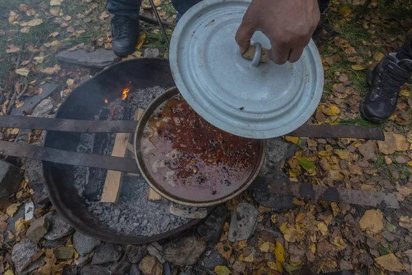 Autumn Picnic Cooking Open Fire Company Friends — Stock Photo, Image