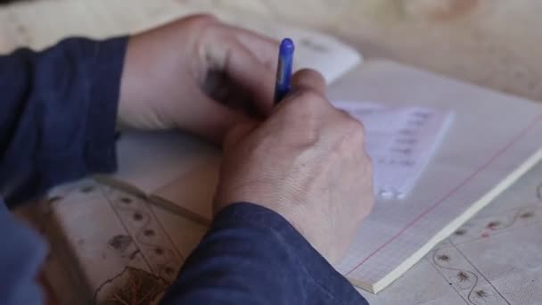 シベリア村からのビデオ クリップ 農家は チェックを書き込み ノートブックを閉じます 稼働日の終了 — ストック動画
