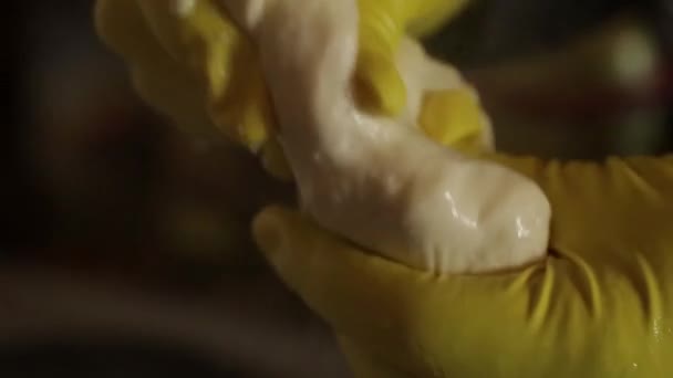 Vídeo Clipe Fazenda Laticínios Agricultores Cozinham Queijo Macio Uma Panela — Vídeo de Stock