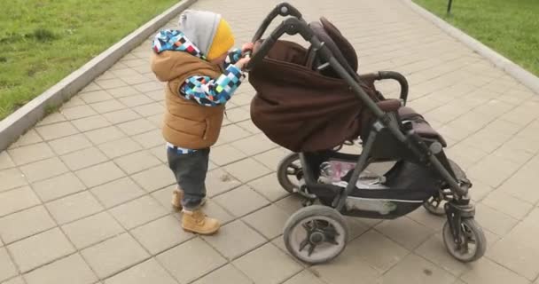 Малыш играет со своей коляской, гуляя под открытым небом — стоковое видео
