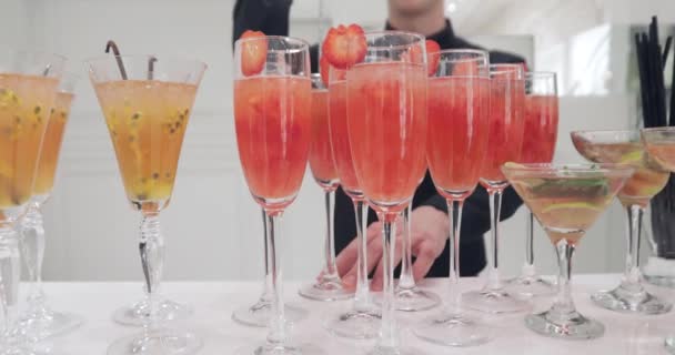 Bartender hands stirring cocktails mixing glasses — Stock Video