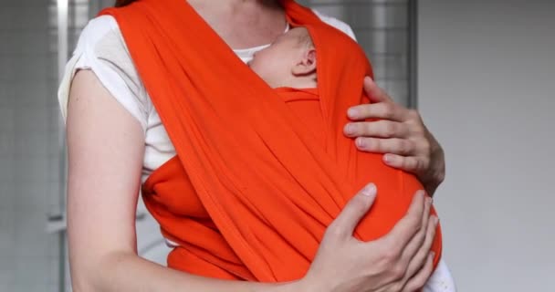 Le nouveau-né dort en fronde. Mère caressant son bébé — Video