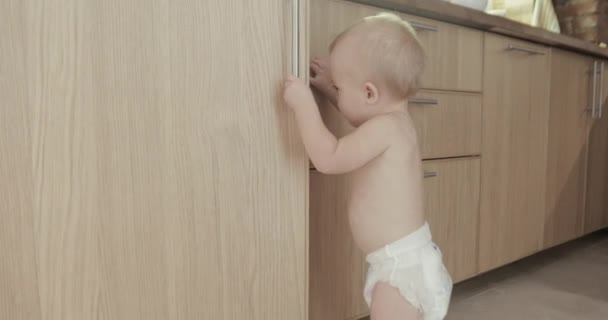 Маленький ребенок на кухне открывает шкаф — стоковое видео