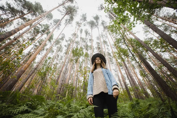 Mujer joven de pie en el bosque con árboles altos — Foto de Stock