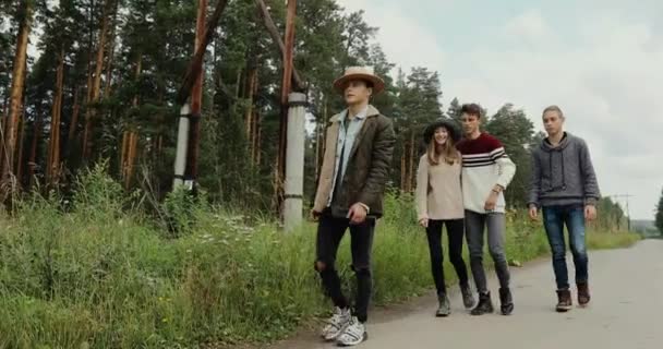 Jonge vrienden lopen op weg van het platteland — Stockvideo