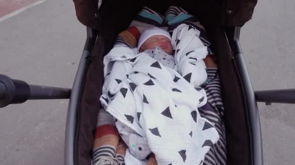 Baby is sleeping in a baby stroller — Stock Video