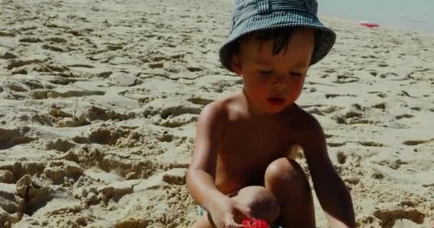 Malý chlapec hrající si písku na tropické pláži — Stock video
