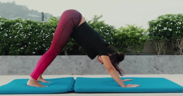 Rijpe vrouw doet yoga positie hond downhill buiten — Stockvideo